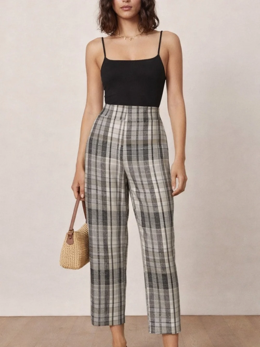 Reformation Linen Plaid Pants Size‎ 2 High Rise Straight Leg Neutral Coastal